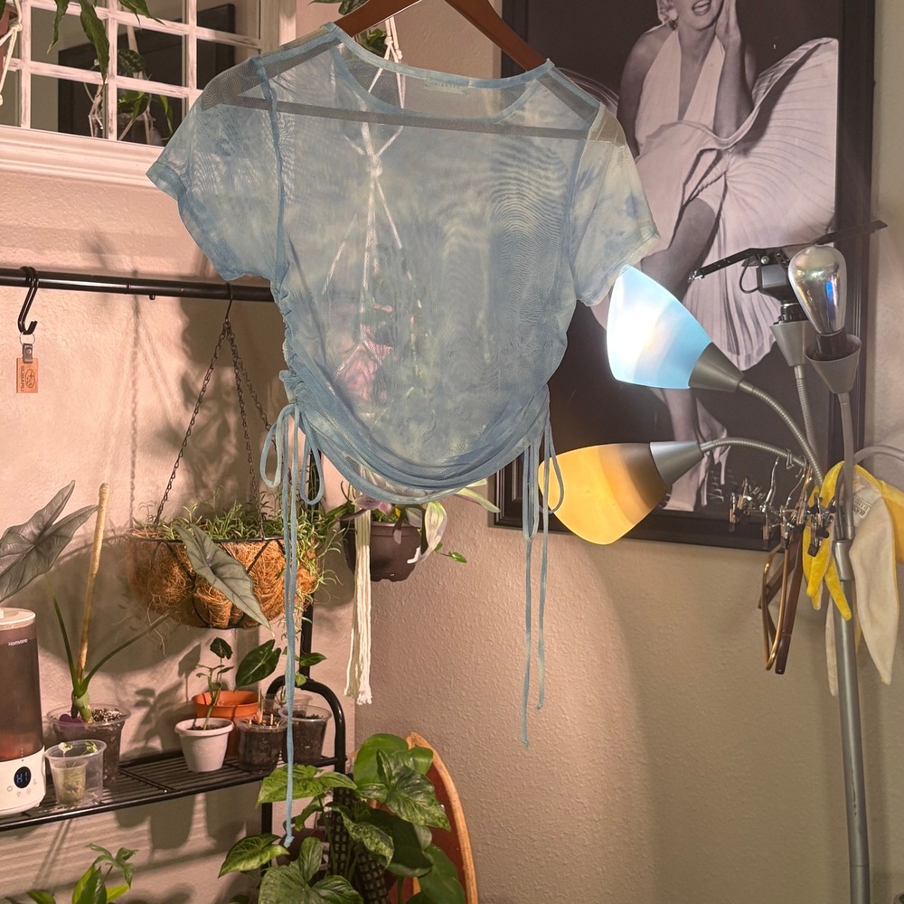 Occasion Blue Tie Dye Mesh Top Women's Medium M Ruched Drawstring‎